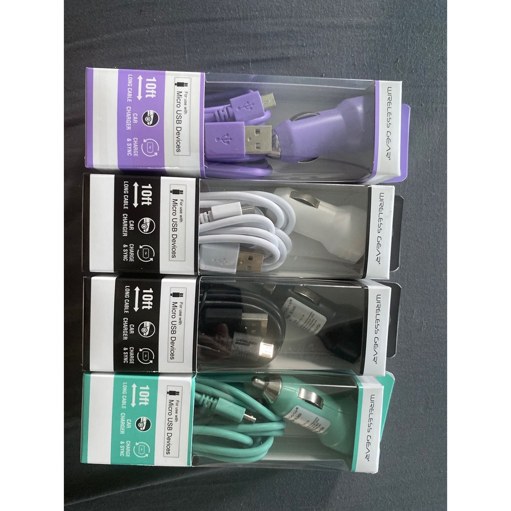 Wireless Gear 4 Pack Car Charger 10ft Micro USB‎ Cable Purple White Black Teal